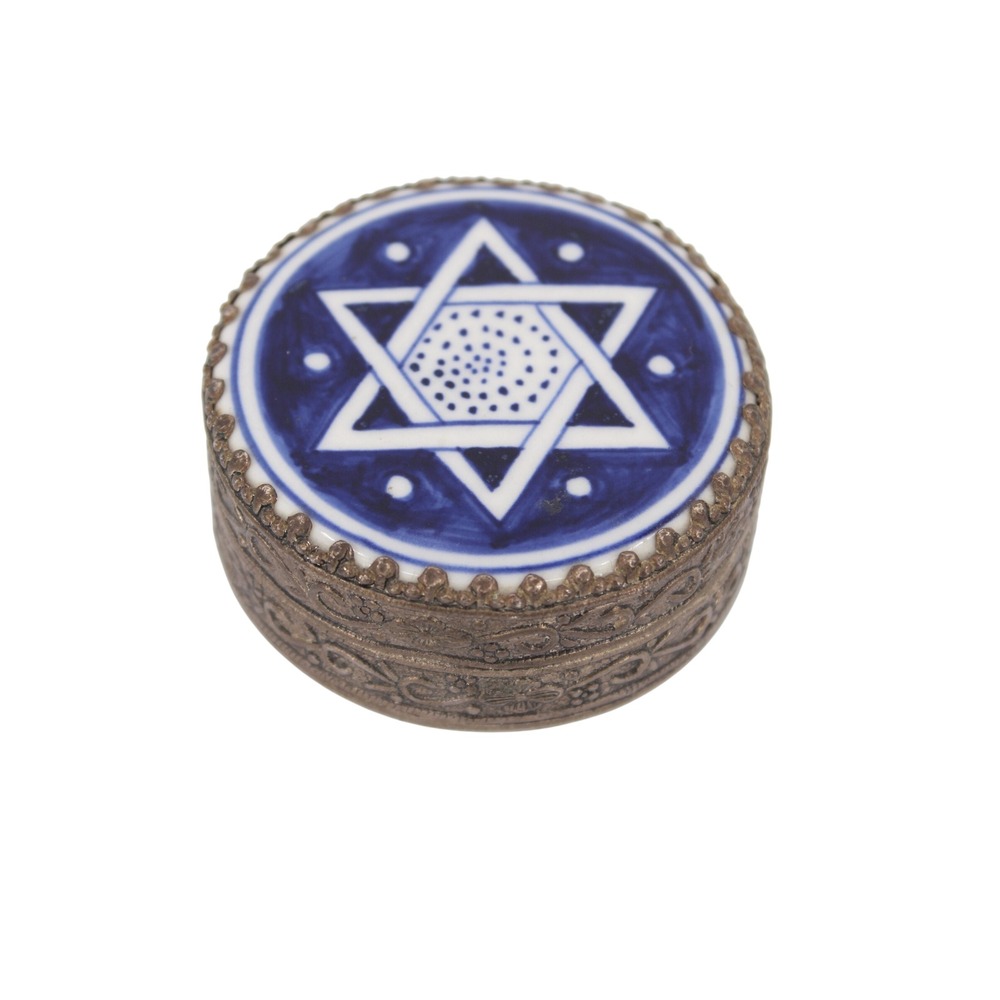 Vintage Star of David Blue White Ceramic Metal Trinket Box with Mirror Judaica